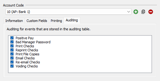 This section controls the information stored in the auditing table for each account. 
